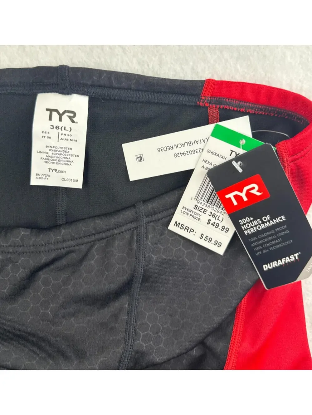 TYR Durafast Hexa‎ Cure Jammer Swim Mens 36 Large Black Red Competition NWT